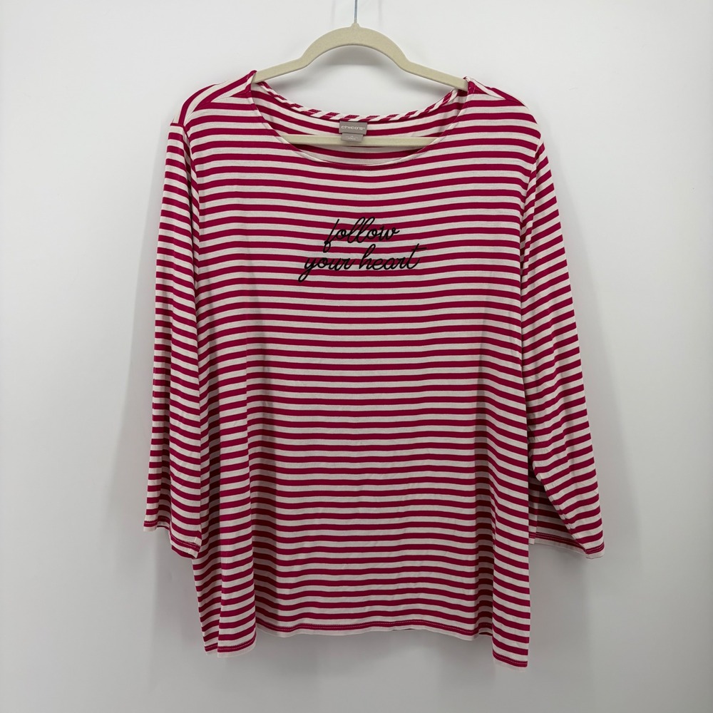 Chico's Womens XXL Pink White Striped Follow Your Heart Embroidered Top